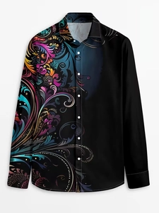 Detail of baroque floral print and contrasting black fabric on men's long sleeve shirt