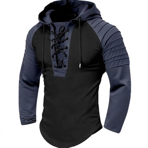 Herren-Kapuzenpullover mit Schnürkragen, Kontrastärmeln und Plisseedetails in Schwarz-Blau
