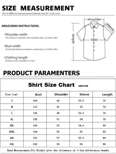 Detailed size chart for men's plaid short sleeve shirt ranging from S to 5XL
