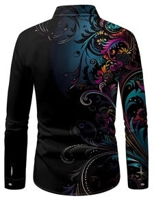 Close-up of the back view showing colorful baroque artistic print on black long sleeve shirt