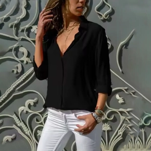 Chic women's black long sleeve shirt with deep V-neck and relaxed fit for spring and autumn