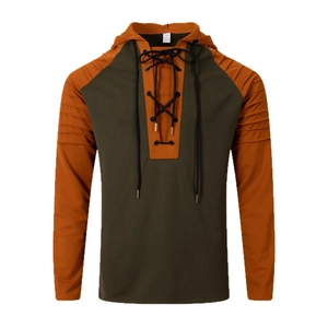 Herren Hoodie mit Raglanärmeln und Schnürkragen in Olivgrün und Rostorange Kontrast