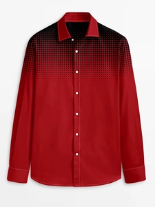 Detail of red long sleeve shirt featuring black polka dot gradient on shoulders and collar