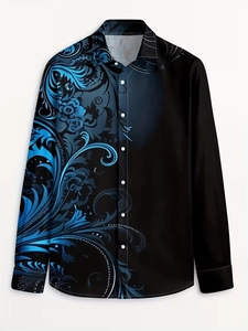 Detailed view of men's black long sleeve shirt with blue baroque floral pattern print