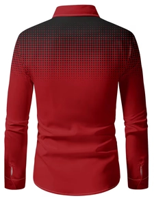 Detailed view of red men's long sleeve shirt featuring black polka dot gradient on back