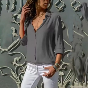 Women's dark gray long sleeve lapel shirt in premium drape fabric with white pants