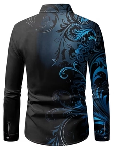 Back view of men's long sleeve shirt featuring intricate blue vine floral print