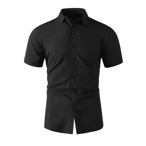 Short-sleeve slim fit black dress shirt for men featuring classic collar and button-down front