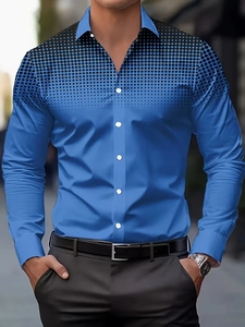 Detail of blue men's slim fit shirt featuring black polka dot gradient on the shoulders