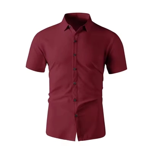 Mens casual short sleeve lapel button-down shirt in elegant burgundy red finish
