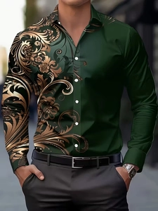 Detail of dark green men's slim shirt with golden Baroque floral print and silk-like finish