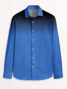 Detail of blue men's shirt showing the black polka dot gradient pattern and white buttons