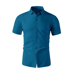 Detail of navy blue slim fit short sleeve shirt with classic collar and brown buttons