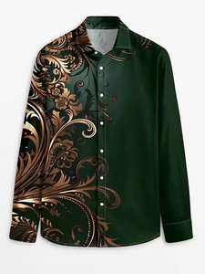 Detail of dark green men shirt with bronze baroque floral pattern and button closure