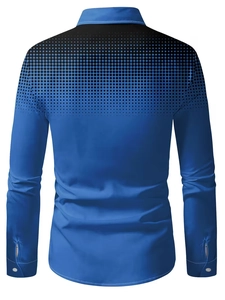 Detail of navy men's shirt showing the black gradient dot pattern on the back shoulders