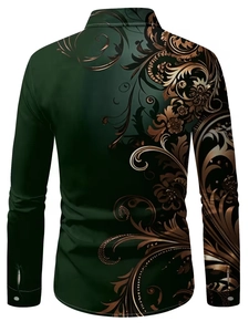 Detailed back view of men's slim long-sleeved shirt with gold vintage floral pattern