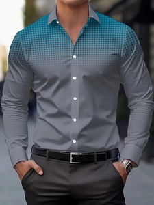 Detailed view of the gradient blue polka dot pattern on grey long sleeve shirt