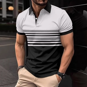 Men's Casual Short Sleeve Polo Shirt Color Block Striped Polyester Slim Fit Urban Streetwear Summer Breathable Top