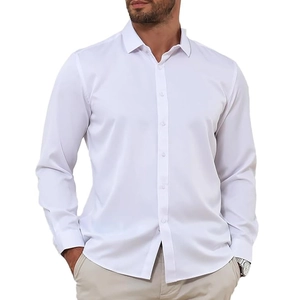 Men's slim fit long sleeve casual solid white shirt with classic point collar