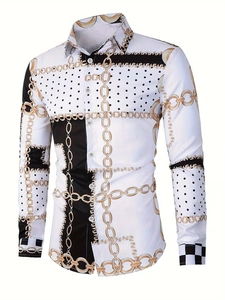 Detailed close-up of men's long sleeve shirt with gold chain print and black block pattern