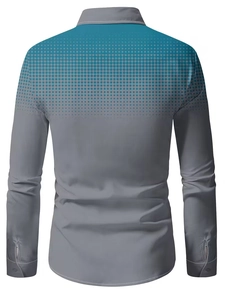 Back view of men's long sleeve shirt with grey base and teal gradient polka dot print