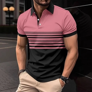 Men's pink and black polo shirt with striped color-block design and slim-fit cut