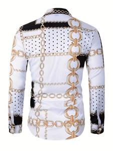Back view of slim fit long sleeve shirt with golden chains and black polka dot pattern