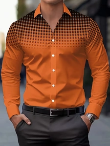 Detail of men's orange long sleeve shirt with black polka dot gradient and classic lapel