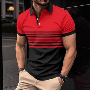 Men's slim fit short sleeve polo shirt with red and black striped color block design