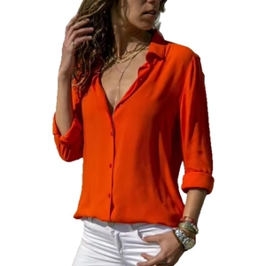 Elegant bright orange long sleeve blouse for women with classic lapel and buttons