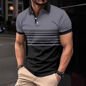 Men's slim fit color block short sleeve polo shirt with gray and black striped pattern