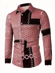 Detailed close-up of mens long sleeve shirt with chain print and color-block patchwork