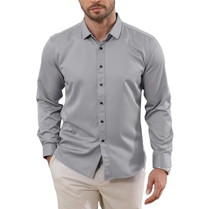 Men's grey long sleeve casual shirt with black buttons and classic collar design