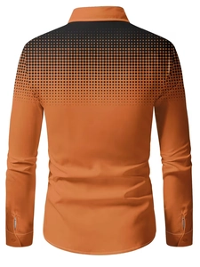 Rear view of men's orange long sleeve shirt with black polka dot gradient on shoulders