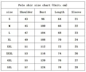 Detailed size chart for men's polo shirt including shoulder bust and length measurements