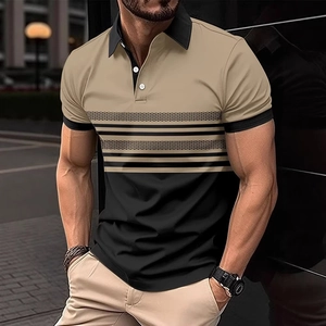 Detail of color block polo shirt showing khaki and black stitching with gradient stripes