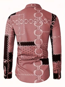 Rear view of men's long sleeve slim shirt with baroque chain print in sunset pink