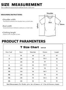Detailed size chart for men's slim fit T-shirt showing measurements from S to 6XL sizes