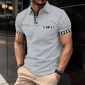 Men's slim fit grey polo shirt with plaid trim details and classic button neck design