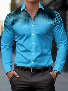 Close-up of royal blue slim fit men's shirt with black gradient polka dot shoulder patterns