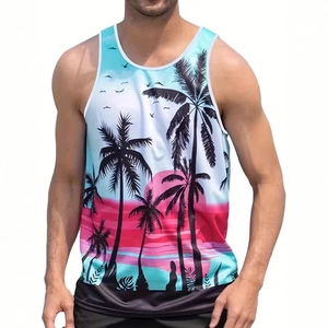 Detailed view of men's tropical sunset print tank top with white piping and ribbed hem