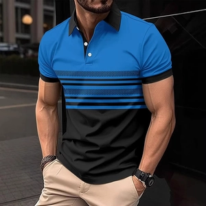 Detail of color-blocked men's Polo shirt with blue upper half and black textured pattern