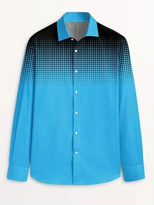 Detailed view of the black and blue gradient halftone dot pattern on men's long sleeve shirt