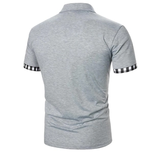 Rear view of a slim-fit light gray men's polo shirt with checkerboard sleeve details