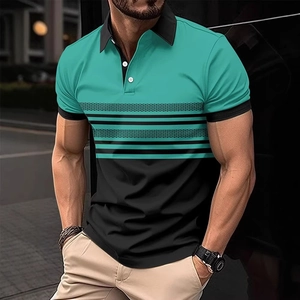 Detail of the teal and black striped polo shirt with white buttons and mesh texture