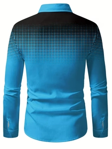 Detail view of the blue long sleeve shirt with black halftone gradient dots on the back