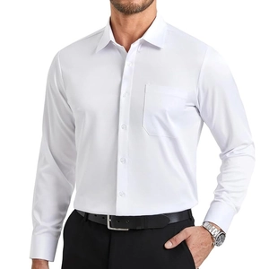 Detail of white long-sleeved dress shirt showing smooth fabric texture and chest pocket
