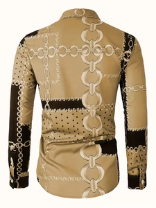 Detail of men's luxury long sleeve shirt back with golden chain and baroque chain print
