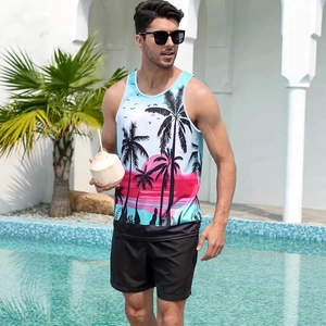 Detail of men's summer beach set with tropical sunset print vest and casual black shorts