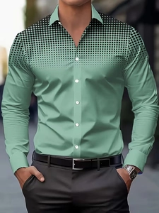 Close-up detail of green men's slim fit shirt with black gradient polka dot print